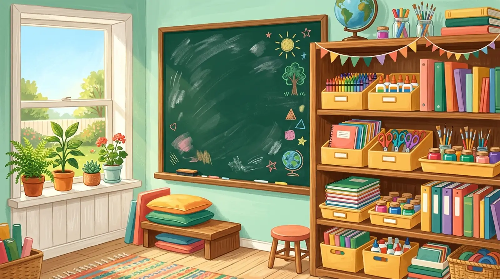 A sunny classroom with a green chalkboard and shelves of colorful supplies in yellow boxes