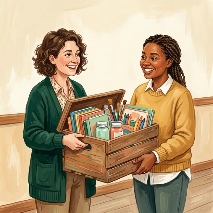 Two smiling teachers carrying a wooden crate of books, paints and crayons together